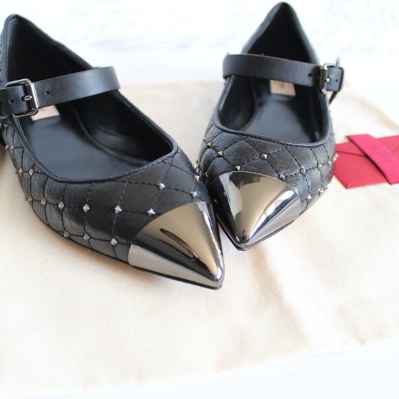 Valentino Black Quilted Leather Rockstud Cap Toe Point Mary Jane Ballet Flats - Picture 9 of 14